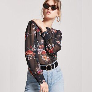 Forever 21 Black Floral Sheer Blouse